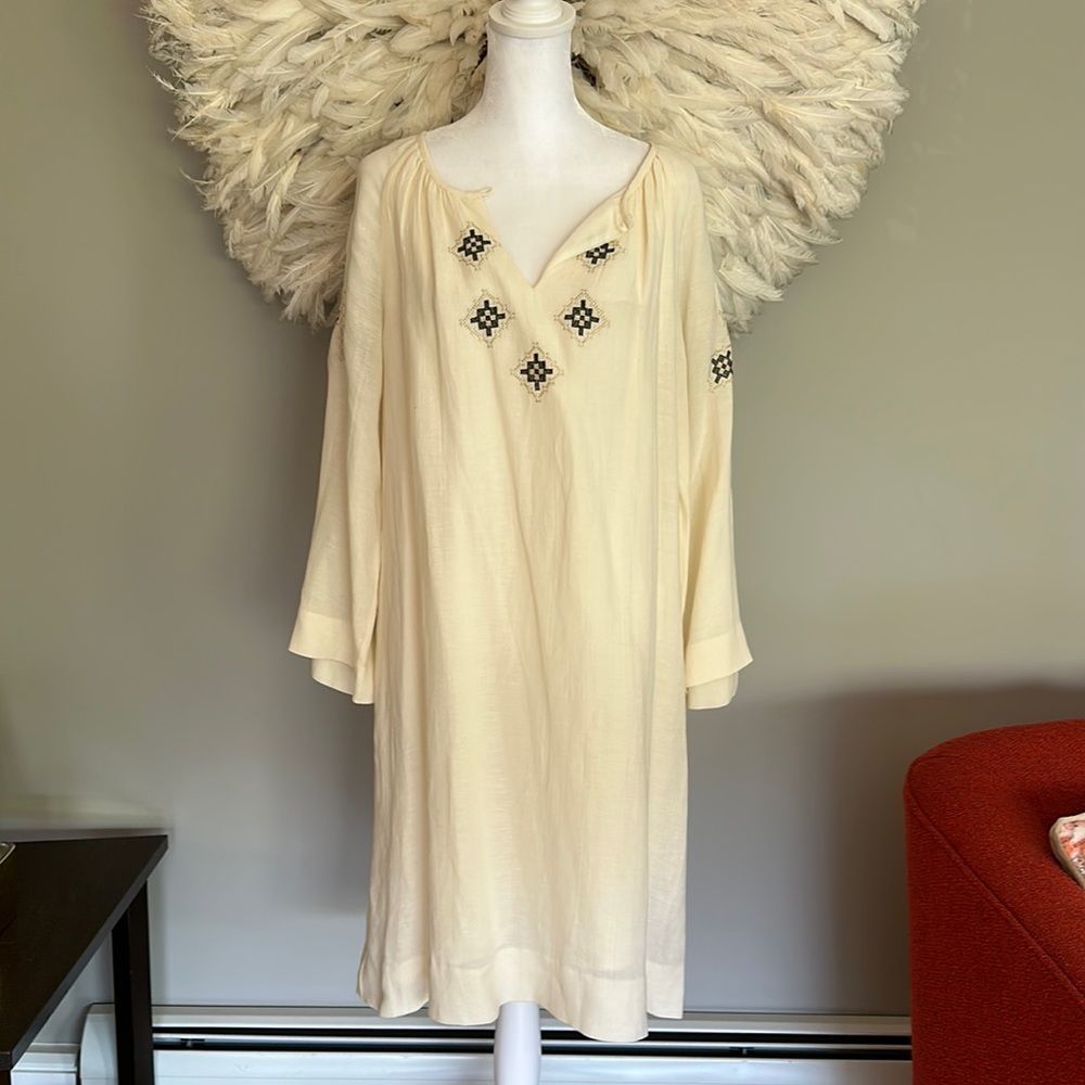 A.P.C. Cream Midi Dress with Black Embroidered Diamond Accents